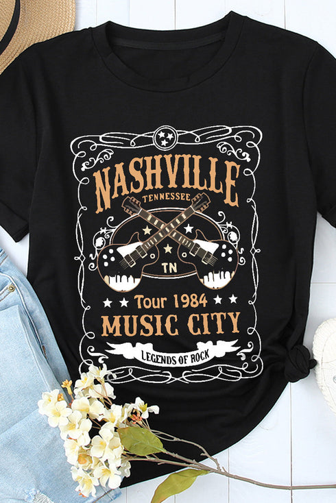 Black Nashville Letter Guitar Print Short Sleeve Graphic Tee